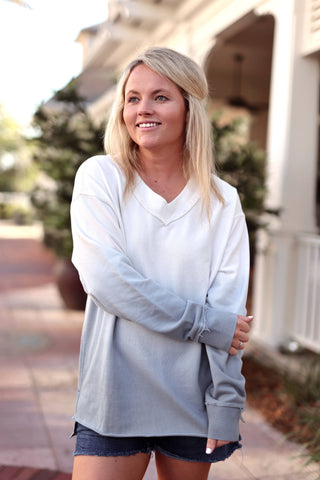 Oversized Terry V-Neck Pullover- Autumn Sky (Slate/Cream)