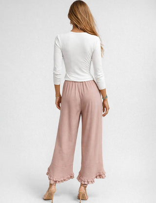 Elastic Waist Drawstring Ruffle Hem Wide Leg Pants