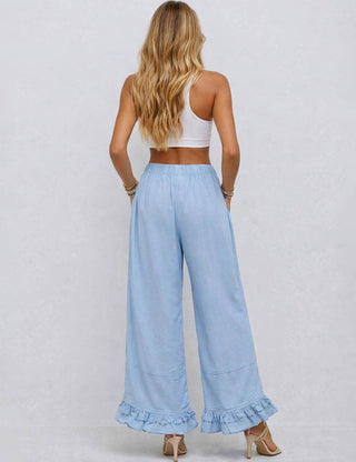 Elastic Waist Drawstring Ruffle Hem Wide Leg Pants