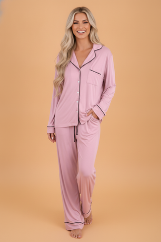 Contrast Trim Long Sleeve Top & Pajama Set