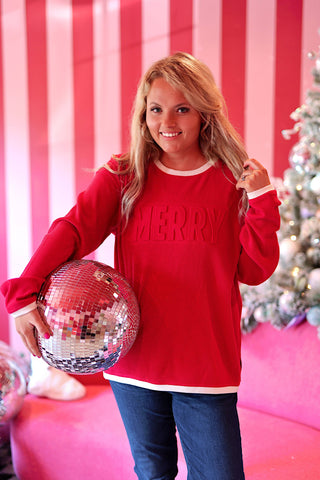 MERRY Embossed Waffle Pullover (Red/Cream)