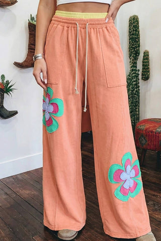 Flower Patched Drawstring Contrasted Elastic Waist Pants