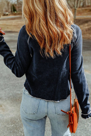 Womens Waffle Knit Long Sleeve Top Casual Crew Neck Tee