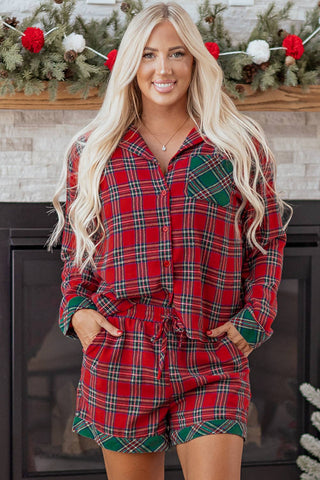 Plaid Patchwork Top and Shorts Pajama Set