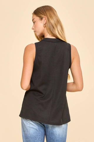 Waffle Knit Sleeveless Top Button Down