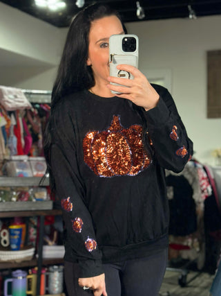 PUMPKIN RADIANCE CREWNECK WITH PUMPKIN SEQUIN SLEEVES
