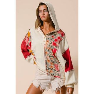KNIT AND PRINT MIXED HOODIE TOP