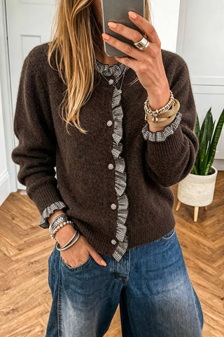 Josie Plaid Ruffle Trim Patchwork Button-Front Sweater Cardigan