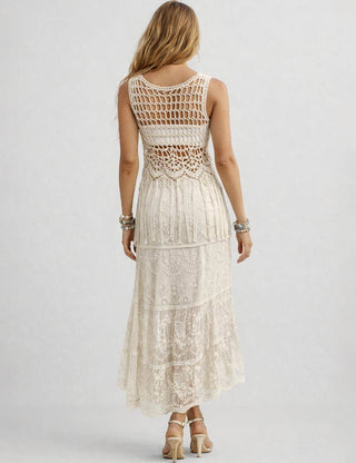 Crochet Hollow-Out Tassel Top &  Lace Midi Skirt Set