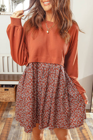 Solid Top Patchwork Floral Flared 2-in-1 Mini Dress