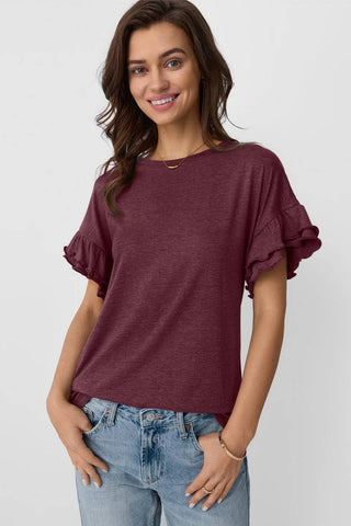 SOLID COLOR ROUND NECK RUFFLE SLEEVE TOP