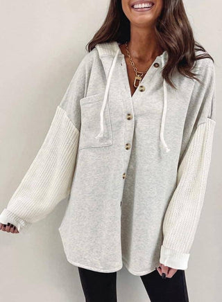 Colorblock Knit Sleeve Hoodie – Casual Button Down Top