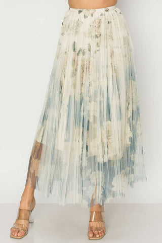 Chic Lined Pleated Tulle Midi Skirt With Elastic Waist