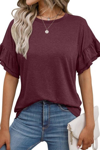 SOLID COLOR ROUND NECK RUFFLE SLEEVE TOP