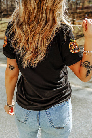 Women's Black Sequin Pumpkin Halloween T-Shirt