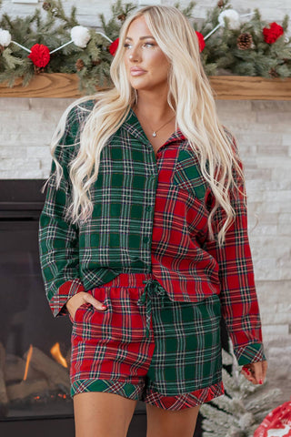 Plaid Patchwork Top and Shorts Pajama Set