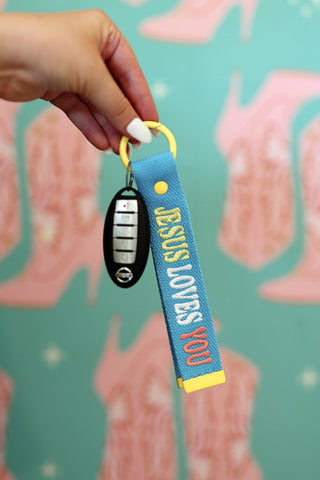 Woven Keychains - Jesus Loves You Embroidery (blue/yellow)