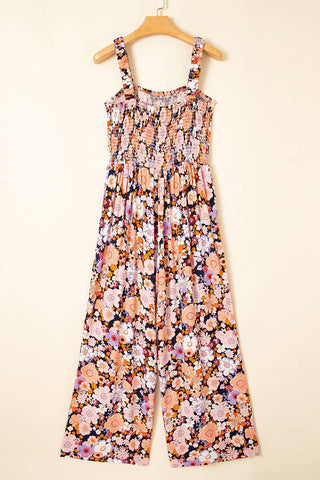 Boho Floral Print Smocked High Waist Square Neck Jumpsuit