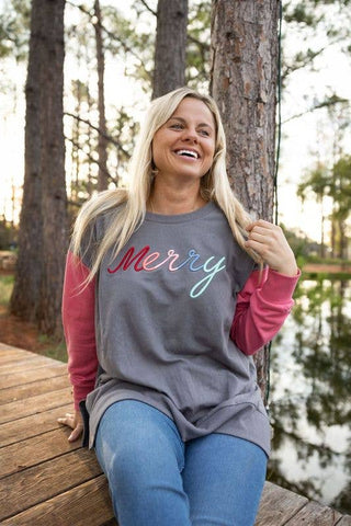 Merry 3D Embroidered Sweatshirt in Grey/Vintage Red