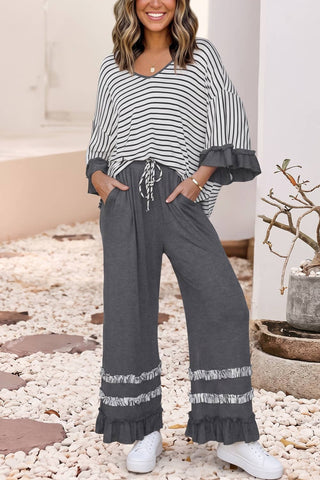 Stripe Ruffle Contrast Sleeve Drawstring Pants Set