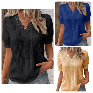 SOLID COLOR V-NECK HOLLOW SHORT-SLEEVED SHIRT