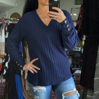 Button Detailed V Neck Sweater