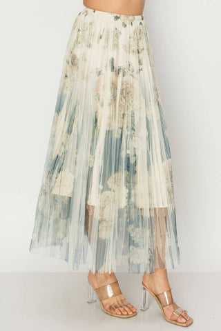 Chic Lined Pleated Tulle Midi Skirt With Elastic Waist