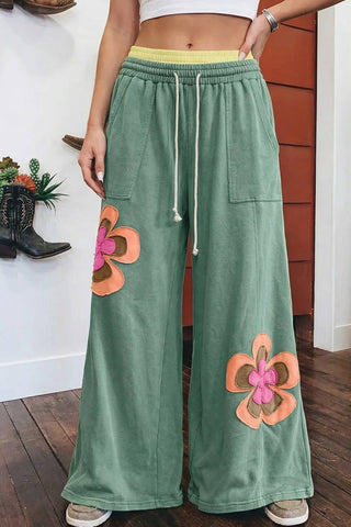 Flower Patched Drawstring Contrasted Elastic Waist Pants