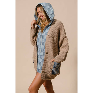 WASHED CHECKER DENIM ZIP UP SWEATER CARDIGAN