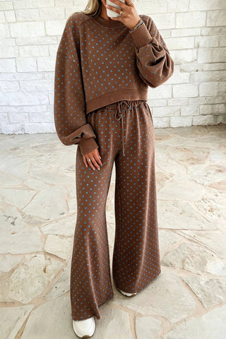 Polka Dot Cropped Sweatshirt Wide Leg Two Piece Set