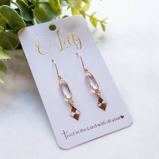 Dainty Clear Glass Oval Connector w/24K Gold Plated Textured Charm Earrings “Dani”