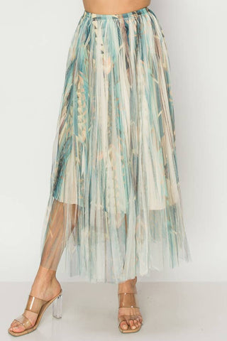 Chic Lined Pleated Tulle Midi Skirt With Elastic Waist