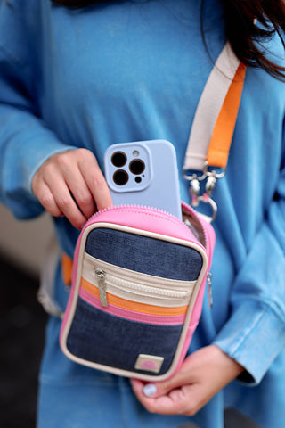 Crossbody Purse- Denim Print (Denim/Cream/Pink)