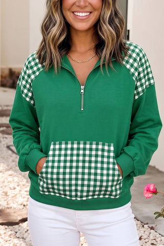 Patchwork Plaid Pocket Quarter Zip Sweatshirt