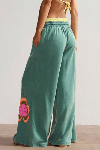 Flower Patched Drawstring Contrasted Elastic Waist Pants
