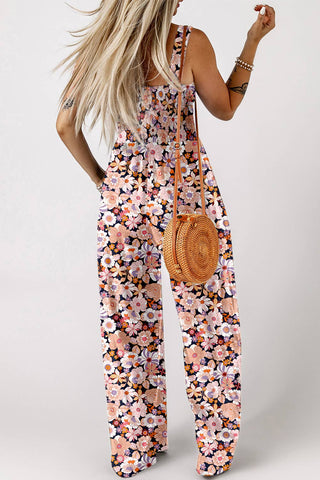 Boho Floral Print Smocked High Waist Square Neck Jumpsuit