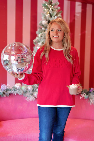 MERRY Embossed Waffle Pullover (Red/Cream)