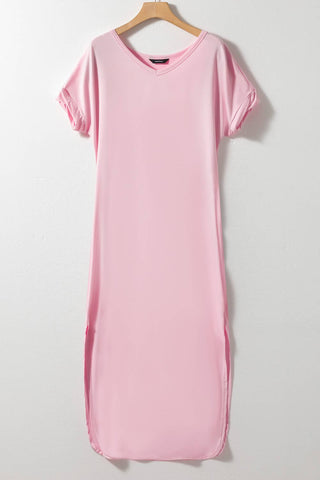 V Neck Hidden Pocket Splits Maxi T-shirt Dress