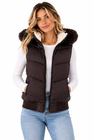 Brown Sherpa-lined Faux Fur Hood Puffer Vest