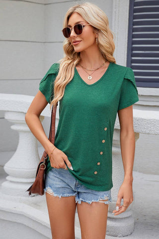 V-NECK BUTTON FLOWER SLEEVE SHORT SLEEVE TOP
