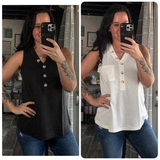 Waffle Knit Sleeveless Top Button Down
