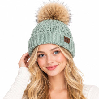 C.C Smocking Stitch Pattern Cuff Beanie with Pom Winter Hat