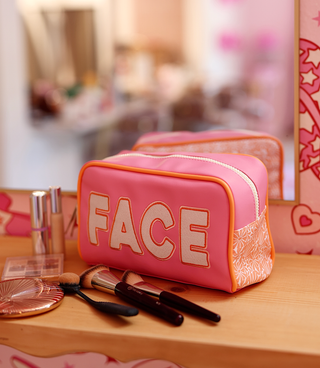 Handle Cosmetic Bag – 'Face' Embroidered – Pink/Orange/Cream
