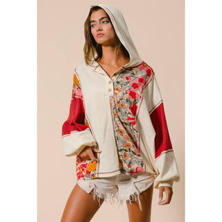 KNIT AND PRINT MIXED HOODIE TOP