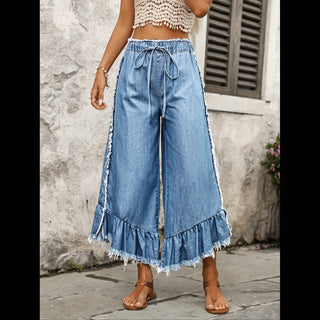 Tie Drawstring Elastic Waist Wide Leg Jeans
