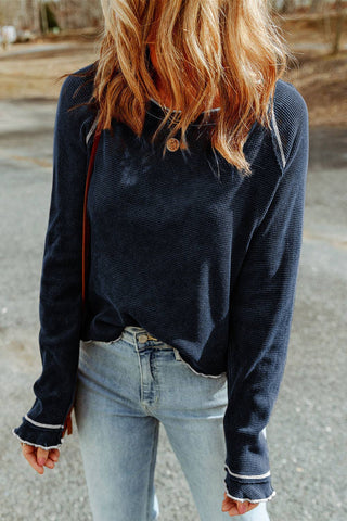 Womens Waffle Knit Long Sleeve Top Casual Crew Neck Tee