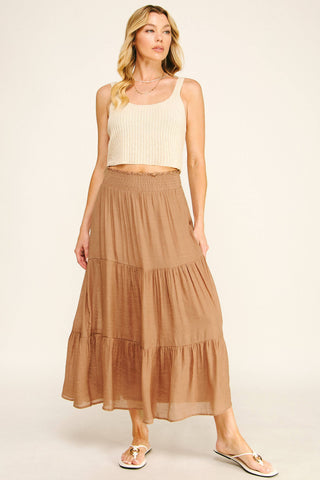SMOCKED WAIST TIERED MAXI SKIRT