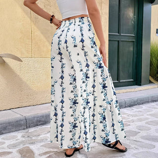 Women’s Boho Floral Wide Leg Pants Tie Waist Palazzo