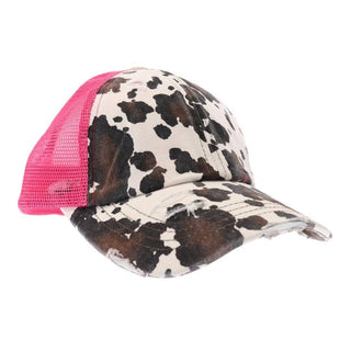 Cow Print Mesh Back Criss Cross High Pony C.C Ball Cap BT938