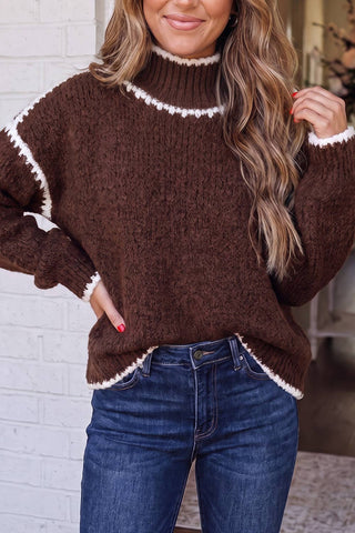 Keli Cozy Contrast Trim Mock Neck Relaxed Sweater
